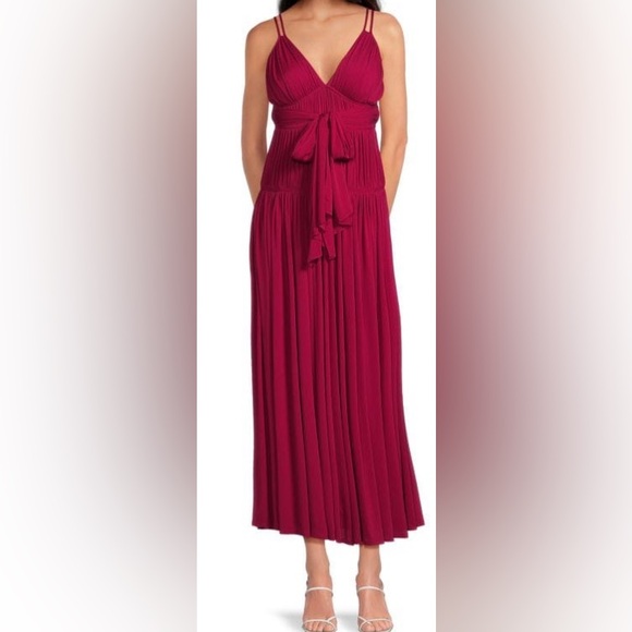 Rebecca Taylor Wine Color Belted Midi Dress: V Neck/Tie Back/Drop Waist/Ruched/6 - Picture 3 of 9